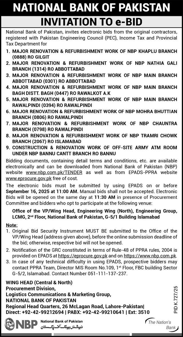 National Bank of Pakistan Karachi Tender Notice